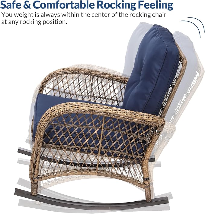 7-Piece Wicker Patio Furniture Sets Outdoor All-Weather Rattan Conversation Set Includes Glider Loveseat, 2 Glass-Top Coffee Tables, 2 Glider-Rocker Chairs for Porch Backyard, Navy Blue