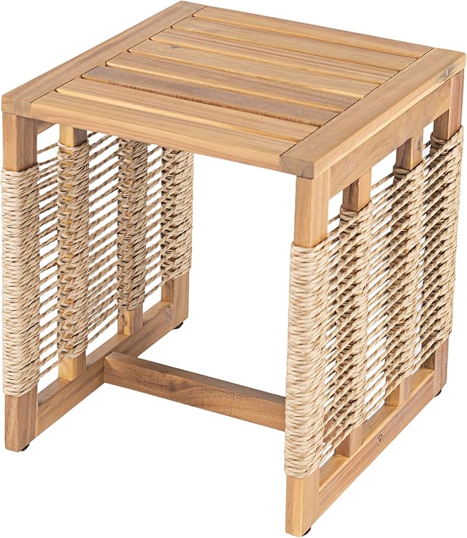 3-Piece Patio Conversation Set, All Weather Acacia Wood 3-Seater Sofa with Cushions, 2 Coffee Tables and Woven Rope Accents, Outdoor Furniture Set for Garden, Backyard, Poolside