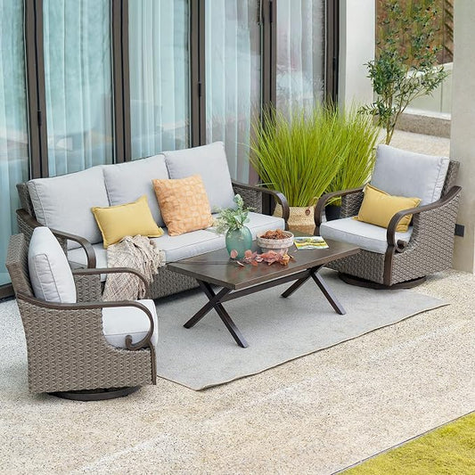 Grand Patio 4-Piece Outdoor Patio Furniture Set - Rocking Conversation Swivel Chairs, Coffee Table - Wicker Furniture with Woodgrain Finish Frame, Ponce Harbor Dark Brown