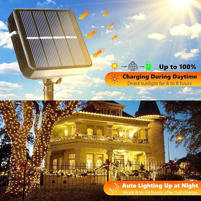 Lomotech Solar Fairy Lights Outdoor, 2 Pack Total 66ft 200 LED,Warm White | Solar String Lights Waterproof 8 Modes Twinkle Lights for Outdoor, Patio, Garden, Yard, Party, Wedding, Tree Decoration