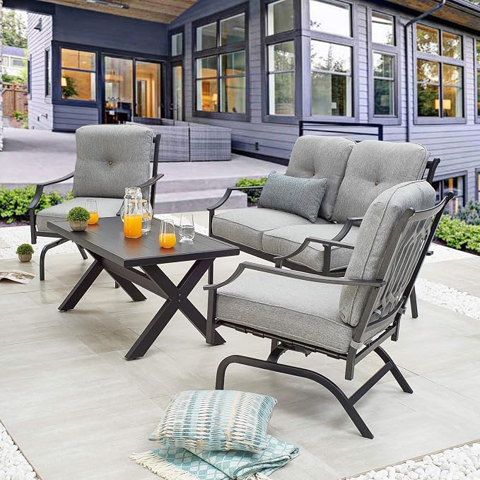 Patio Conversation Set Metal Outdoor Furniture Sets All Weather Cushioned Loveseat & 2 Rocking Chairs & 1 Coffee Table for Poolside Lawn Yard 4pcs