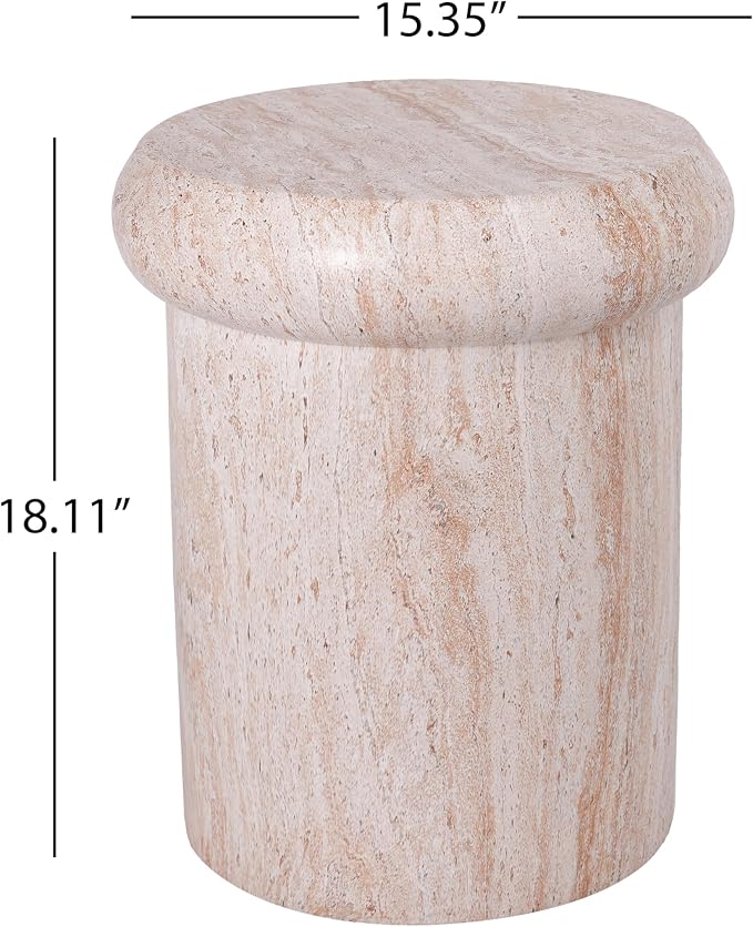 Merax 18.11" H Sculptural MGO Side Table, Modern Round End Table with Faux Marble&Travertine Finish, Indoor/Outdoor Versatile Pedestal Stool, Beige Marble