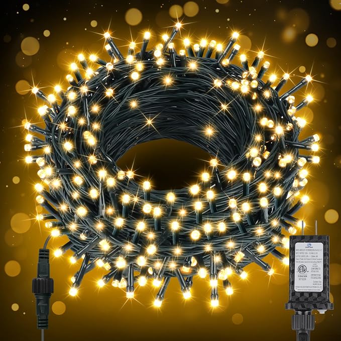 FairyGlim Christmas Lights Outdoor 100LED 33FT, Green Wire Connectable Christmas String Lights | 8 Modes Twinkle Fairy Lights Plug in with Timer, for Indoor Outside Xmas Trees Garden Party, Warm White