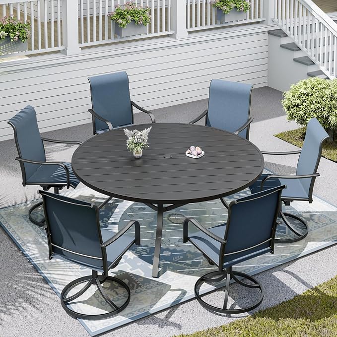 58" Patio Table and Chairs Set,6-Pieces Outdoor Swivel Dining Chairs,Black Round Metal Table with Umbrella Hole,Outside Furniture Set for Patio,Deck,Porch,Backyard