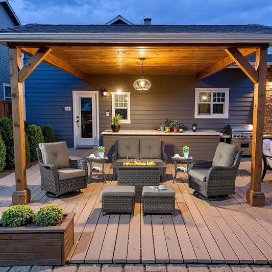Belord Patio Furniture Set with Fire Pit Table,8 Piece Wicker Outdoor Furniture Set, Swivel Rocker Chairs with Ottomans and Loveseat, All Weather Patio Conversation Set, for Pool,Yard Gray Wicker/Gray