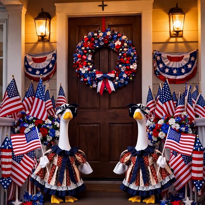 Outus Retro 4th of July Porch Goose Outfit Includes Independence Day Dresses Clothes Hat and American Flag 23 Inch Patriotic Goose Porch Clothing for 250th Anniversary Garden Yard Decoration