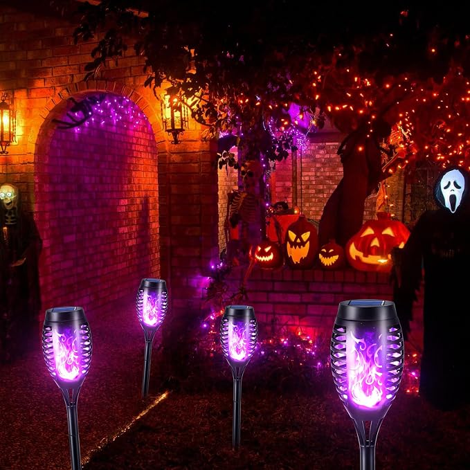 Toodour Solar Torch Flame Lights, 12 Pack Solar Lights Outdoor with Flickering Flame, Waterproof Patio Light Landscape Decoration Lighting for Garden, Lawn, Yard, Outdoor Decorations - Purple