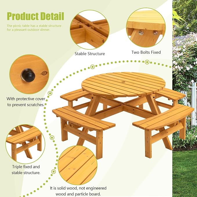 Thanaddo 8-Person Outdoor Circular Wooden Picnic Table, Camping Dining Table w/ 4 Built-in Benches, Outside Table Set with Umbrella Hole, 2220lb Capacity for Garden Patio Backyard - Natural