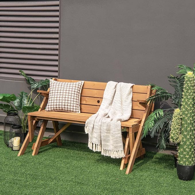 Giantex Wooden Picnic Table Set, 2 in-1 Folding Picnic Bench Set Transforming Interchangeable, Outdoor Patio Dining Table with Built-in Umbrella Hole, Convertible Picnic Table and Garden Bench