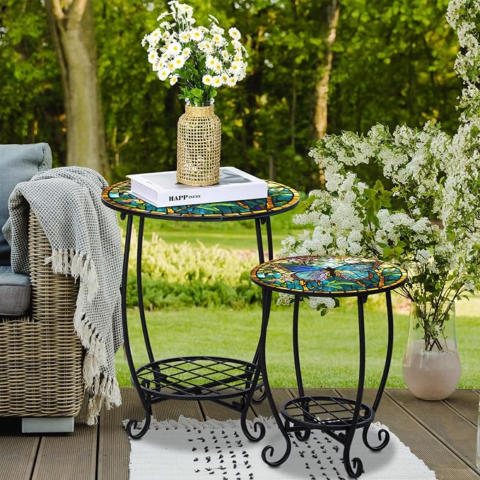 Cinnvoice 2 Pcs Outdoor Side Table Small Patio Round Mosaic Accent End Table Indoor Plant Metal Coffee Tea Tables for Patio Yard Porch Garden Living Room(12" and 16",Butterfly Style)
