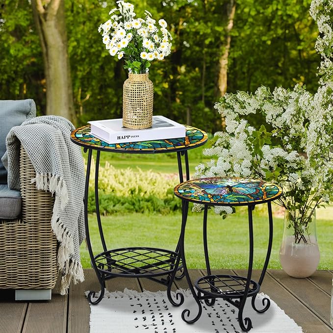 Cinnvoice 2 Pcs Outdoor Side Table Small Patio Round Mosaic Accent End Table Indoor Plant Metal Coffee Tea Tables for Patio Yard Porch Garden Living Room(10" and 14",Butterfly Style)