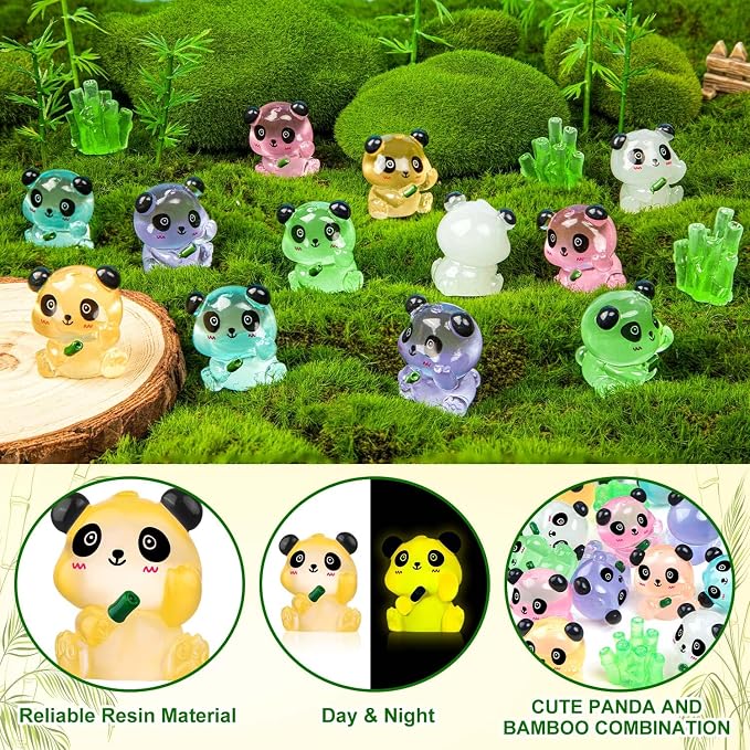 40PCS Luminous Mini Resin Panda Figurines Mini Panda Bamboo Bulk for Micro | Cute Panda Figurines Miniature, Glow in The Dark Panda Bamboo Bulk for Cake Topper, Dollhouse Garden DIY