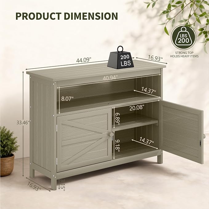 HIPS All-Weather Outdoor Storage Cabinet,Outdoor Sideboard with Magnetic Doors,3-Shelves Patio Storage Cabinet, Used for Garden,Buffet Cabinet,TV Stand, Bar Table,Balcony