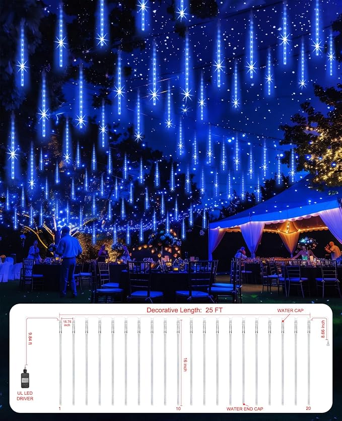 Christmas Lights Outdoor 16" 20 Tube 960 LEDs, Blue | Meteor Shower Rain String Lighting LED Icicle Tree String Decor for Halloween Yard Party Patio Xmas Decoration