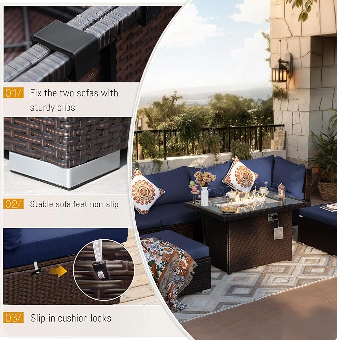 BULEXYARD 9 Piece Highback Patio Furniture Set with Fire Pit Table, Modern Modular Outdoor Sectional Couch Sofa with Ottoman, XL 8-Person Backyard Seating for Outside, Brown Wicker & Navy Blue Cushion