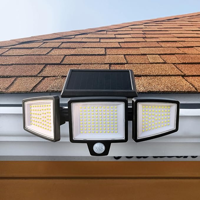 Insert Solar Lights AMS1971 1,000 Lumens Motion-Activated Triple-Head Solar-Powered Security Light with Tool-Free Gutter Mount Bracket (Black)