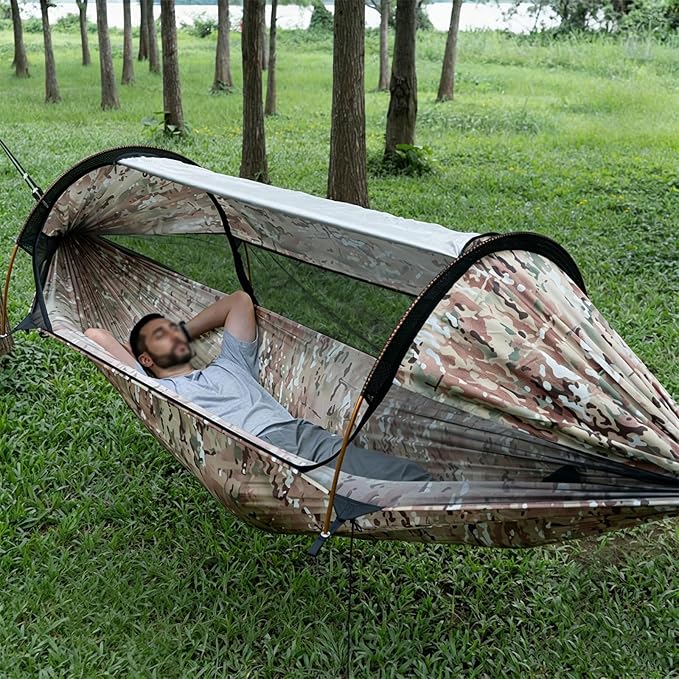 3 in 1 Hammock Shelter Set, Portable Camping Hammock with RainFly & Mosquito Net, Anti-Roll Hammock Tent for Outdoor Hiking Travel Expedition