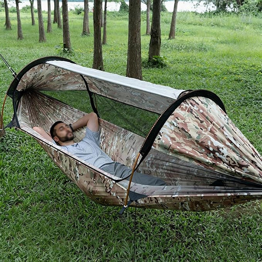 3 in 1 Hammock Shelter Set, Portable Camping Hammock with RainFly & Mosquito Net, Anti-Roll Hammock Tent for Outdoor Hiking Travel Expedition