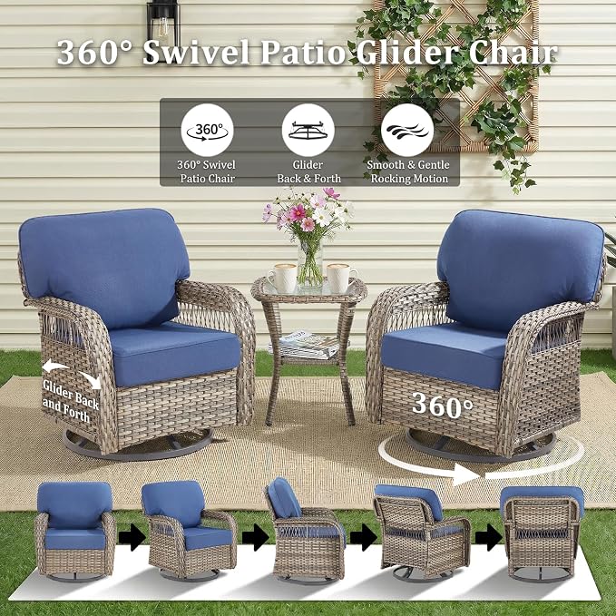 6 PCS Patio Furniture Set Outdoor Sectional Sofa Couch with Rocking Swivel Chairs 5" Deep Seat Chairs, 2 Sofa Sets Modern Wicker Rattan Conversation Set, Blue/Gray Wicker