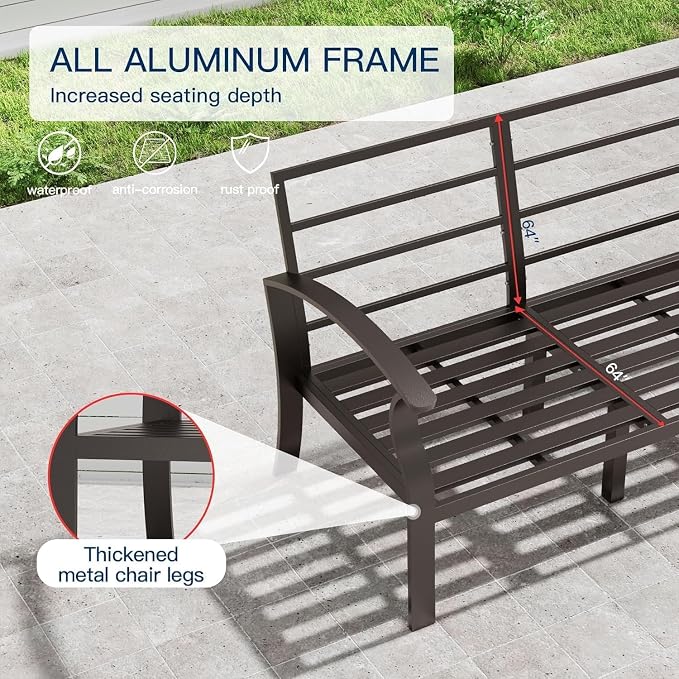 Aluminum Outdoor Patio Furniture Set,5 Pieces 8 Seats Patio Conversation Sets with 45" Propane Fire Pit Table,Metal Patio Sectional Furniture Set w/5.1" Cushions for Porch,Deck,Backyard,Sand