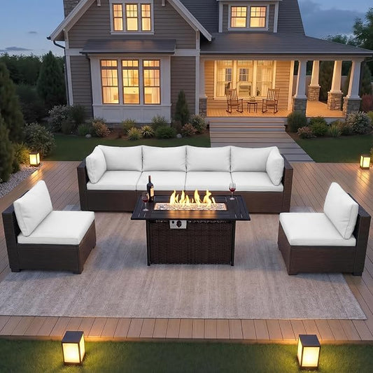CHABATREE 8-Piece Wicker Patio Conversation Set with 44" Propane Fire Pit Table, Cozy Outdoor Sectional Sofa for Backyard Gatherings, Poolside Lounging & Garden Parties