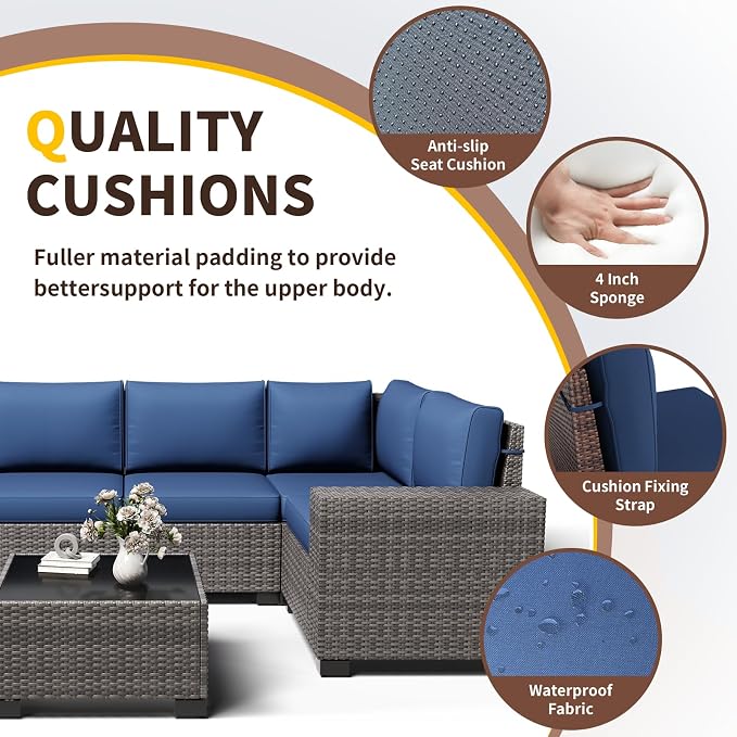 Outdoor Patio Furniture Set, 8'' Wide armrest Outdoor Sectional Rattan Sofa Set, Wicker Patio Furniture Sets w/Coffee Table,Thick Cushions and Cover for Porch, Balcony,Deck 6 PCS(Grey&Navy)