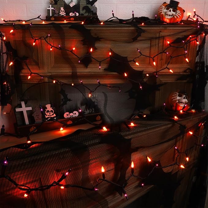 LJLNION 3 Sets Halloween Lights, 29ft 150 Count Black Wire Fairy Mini Lights, 120V UL Certified Incandescent Light String, Connectable for Garden Patio Holiday Party Outdoor Decor, Orange & Purple