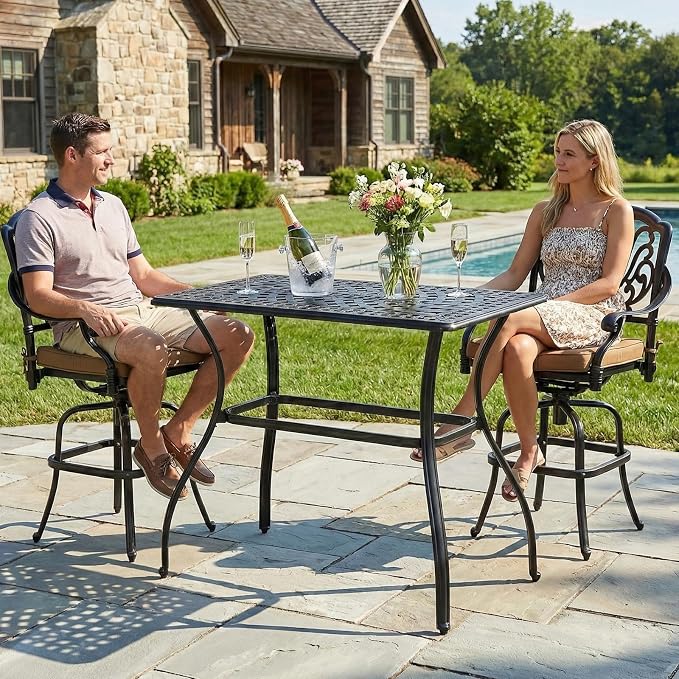 MEETWARM Outdoor Bar Table, All-Weather Cast Aluminum 42" Rectangle Patio Bar Counter Height Table, High Top Dining Table with Adjustable Feet, 200 LBS Heavy Duty Patio Bistro Pub Table, Dark Bronze