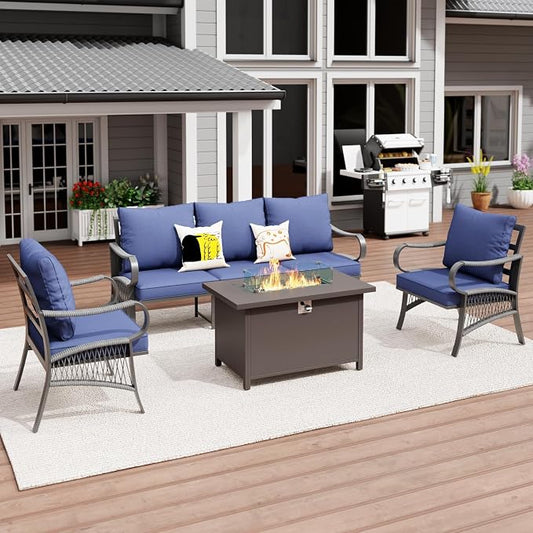 4 Piece Patio Furniture Set with 50000 BTU Propane Fire Pit Table, All Weather Metal Outdoor Conversation Sofa Set with Thick Cushions for Garden, Porch, Lawn, Blue