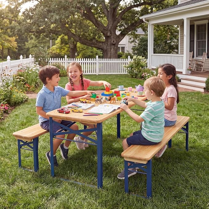 Costzon Kids Picnic Table, 43.5 Inch Folding Picnic Table with 2 Benches, Fir Wood Top & Metal Frame, No Assembly 3-Piece Portable Kids Indoor/Outdoor Furniture for Patio Backyard Daycare (Navy Blue)