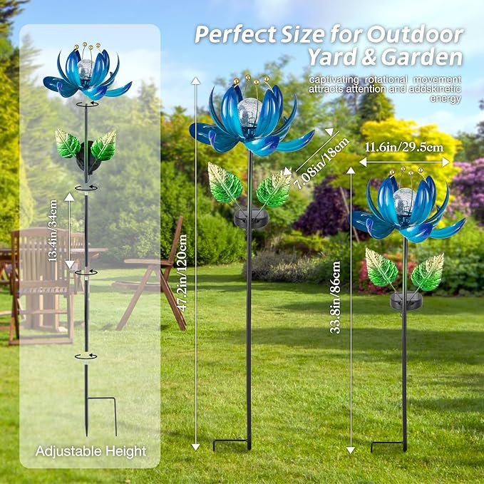 AIINY Solar Garden Lights Metal Flower Decor, Colorful Lotus Pathway Spinning Windmill with LED Cracked Crystal Ball Outdoor Decorative Stake Lighting Waterproof Flower Sculpture for Patio Yard
