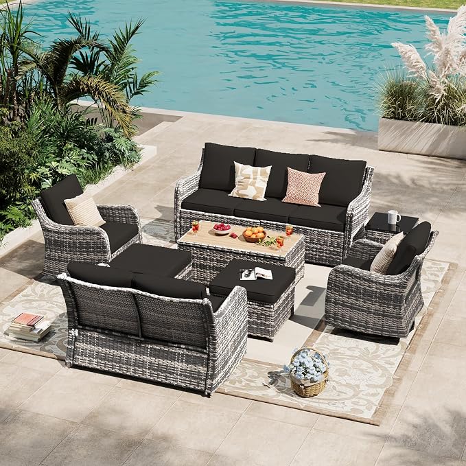 MEISSALIVVE Patio Furniture Set with Swivel Rocking Chairs, 8 Pieces Patio Conversation Set, Outdoor Wicker Sofa Couch with Waterproof Cushions for Lawn Backyard Porch (Black)