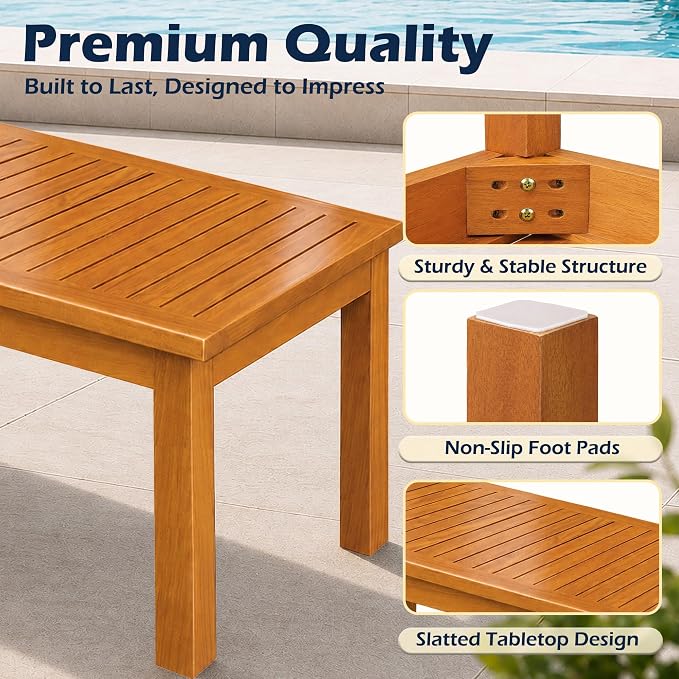 Outdoor Teak Coffee Table, 48" Wooden Patio Coffee Table with Protective Cover, Solid Teak Outdoor Coffee Table for Patio, Garden, Poolside, Balcony and Backyard