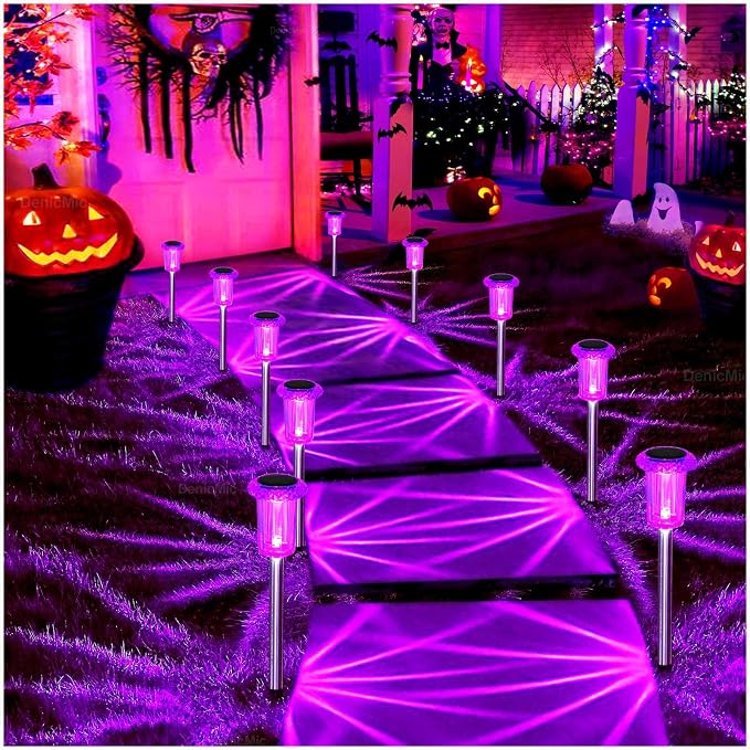 DenicMic Solar Halloween Lights Outdoor Waterproof 10 Pack Halloween Decor | Stake Lights for Yard Pathway Garden Patio Lawn Walkway Driveway, Auto On/Off Purple LED Halloween Decorations Outdoor