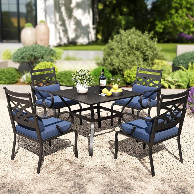 PHI VILLA Patio Dining Set, 37" Square Metal Table | Metal chairs, Blue, Umbrella Hole, Cushions, E-coated
