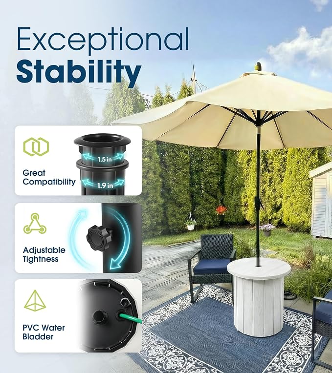 wikiwiki 2-in-1 70Lbs Patio Umbrella Base & Outdoor Side Table with Hole, HDPE Woodgrain Small Outdoor Table Fits 1.5-1.9in Pole for Patio, Deck, Poolside & Garden Use, White
