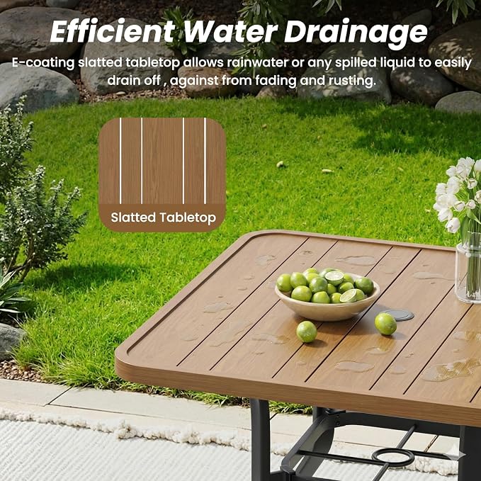 Soohow Outdoor Patio Dining Table with 1.57" Umbrella Hole, 35"x35" Wood-Like Texture, All-Weather Metal Frame for Poolside, Deck, Porch