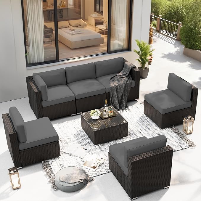 SOLAURA 7 Pieces Outdoor Patio Furniture Set, Black Brown Rattan Outdoor Patio Sectional Conversation Set, Modular Sofa Set with Coffee Table, Grey (Include Sofa Cover)