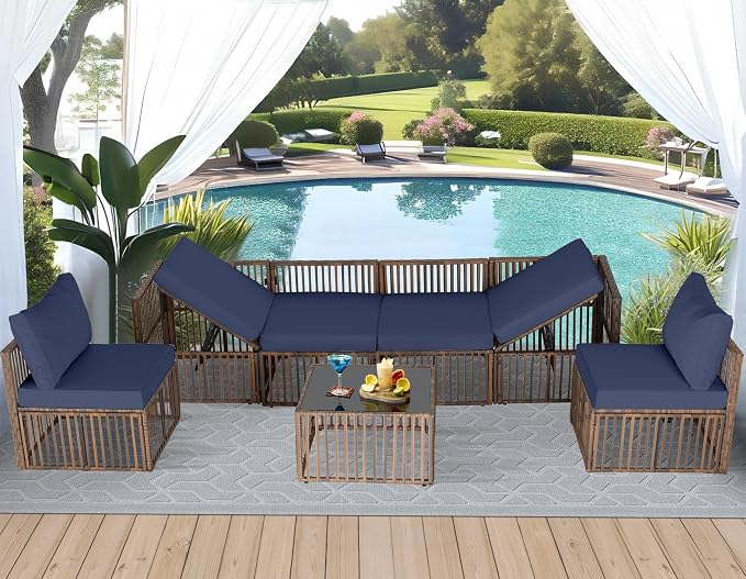 FHFO 7 Piece Outdoor Wicker Patio Furniture Set, Brown/Blue | Sectional Sofa | All-Weather Hand-Woven Rattan | Tempered Glass Coffee Table | Adjustable Backrest | Indoor & Outdoor Use
