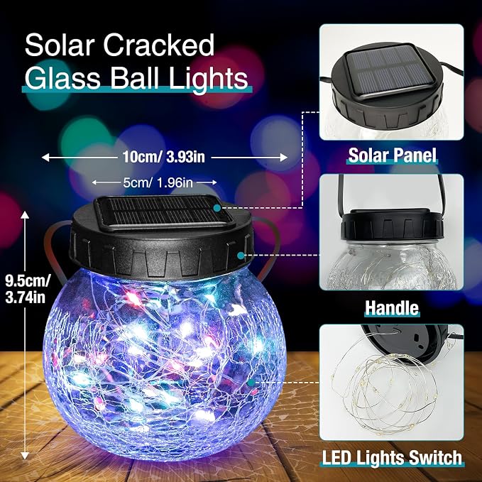 kolpop 6 Pack Solar Lantern Outdoor Lights, Multi-Coloured Solars Lanterns with 30 LED, Crackle Glass Ball Waterproof Hanging Solar Lights for Garden Decor Patio Fence Yard Christmas Tree Decoration