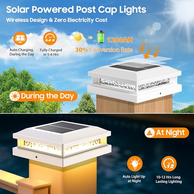 Solar Post Cap Lights 6-Pack, 2 Modes 16LEDs Bright Solar Post Lights Outdoor Waterproof, Fence Posts Cap Light, Deck Light for 4x4 4.5x4.5 5x5 Posts for Patio Garden Decor, White