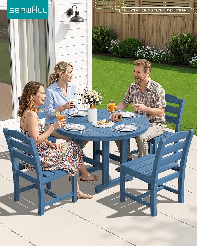 SERWALL 6-Piece Patio Dining Sets, HDPE Outdoor Table and Chairs Furniture Set with Umbrella, 45" Round Dining Table & 4 Armless Dining Chairs & 1 9FT Umbrella, Navy(Not Include Umbrella Base)