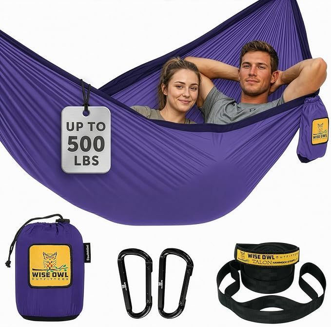 Wise Owl Outfitters Camping Hammock – up to 500lbs Portable Hammock with Tree Straps - Travel, Backpacking, Hiking, Outdoors Camping Gear - Single or Double