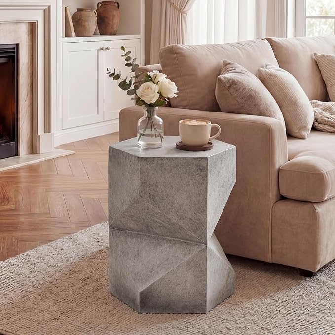 HOMPUS Outdoor Side Table Polygonal, Concrete End Table Hexagonal w Gloss Finish, Patio Accent Table Modern Design Home Decor, MgO Coffee Table for Living Room, Garden, Backyard, Grey