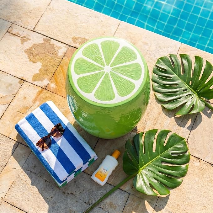 Lime Resin Novelty Stool, Fruit Shaped Plant Stand Side Table Accent Seat, Indoor Outdoor Waterproof Decor, 14.17" H x 12.60" W, Green