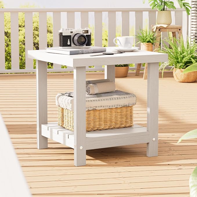 2-Tier HDPE Outdoor Square Side Table, Heavy-Duty Patio Side Table with Storage Shelf, Weather-Resistant Adirondack End Tables for Backyard, Pool, Porch, Garden, Lawn, White