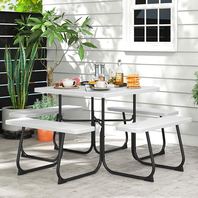 Square Picnic Table for 8 Person, Outside Table Bench Set w/ 4 Built-in Benches, Umbrella Hole, HDPE Top & Metal Frame, 2000LBS Capacity Outdoor Picnic Table for Garden, Porch, Patio (White)