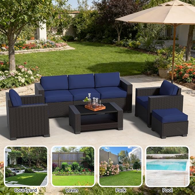 7 Piece Patio Furniture Set, Slanted Back Outdoor Sectional Sofa, Patio Conversation Sets with Cushion and Glass Table, Patio Sofa Furniture for Garden, Deck, Dark Brown Rattan & Dark Blue Cushions
