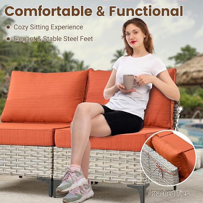 Outdoor Sectional Patio Furniture Set with Fire Pit Table,9 Pieces Rattan Wicker Conversation Sets L Shaped Couch,Outside Furniture with Swivel Chairs Glowing Coffee Table,Orange Line