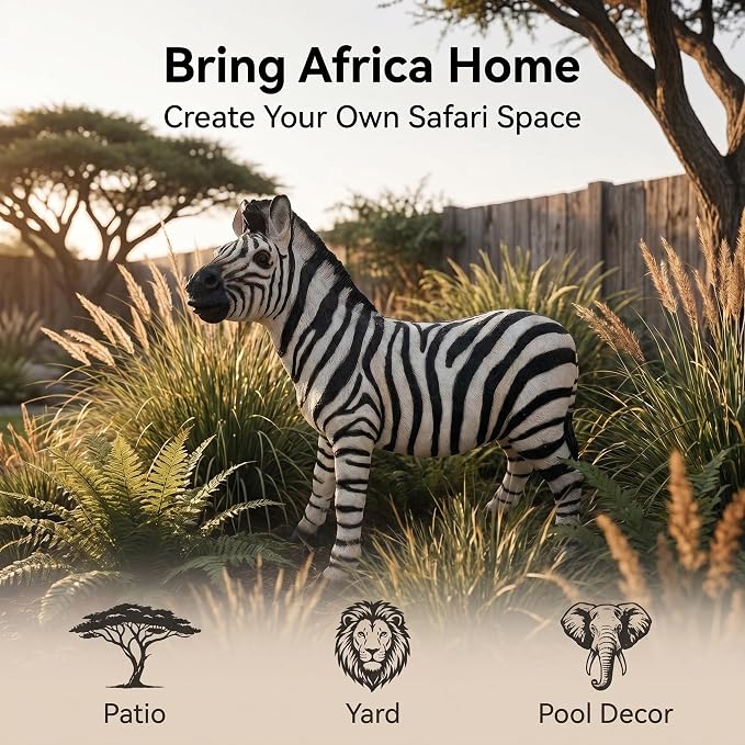 18.3" Realistic Zebra Garden Statue, Black & White Striped | Safari Animal Sculpture, For Patio, Yard & Pool Decor